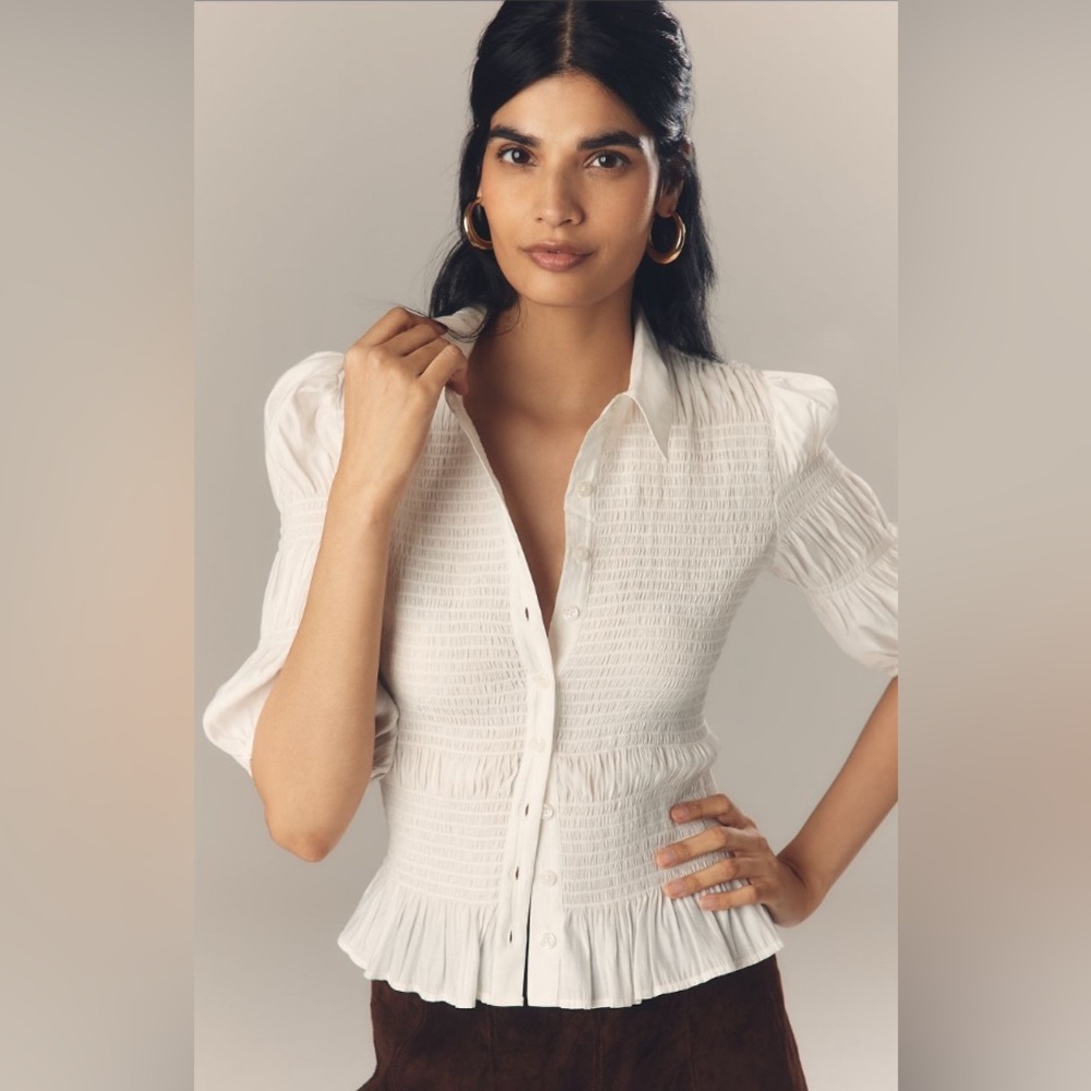 NWT Anthropologie Smocked Buttondown Top Sz L